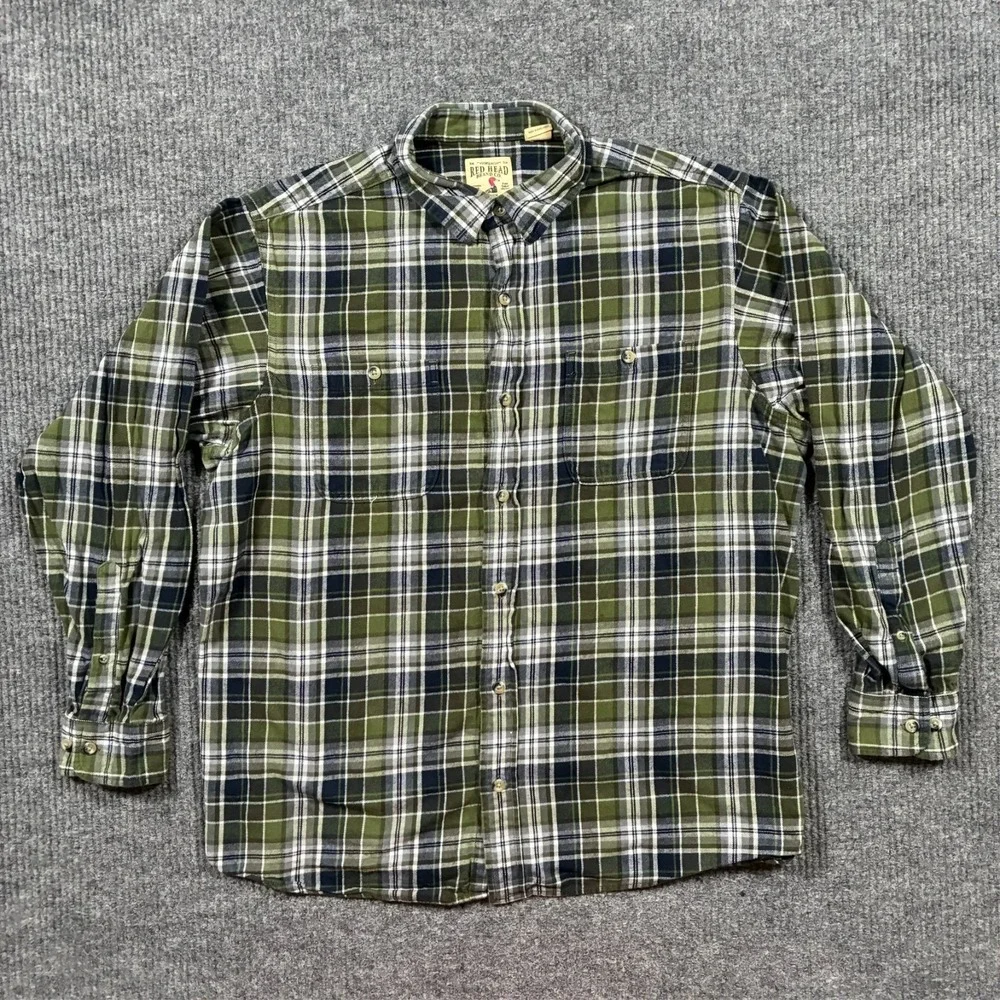 Red‎ Head Mens Button Up Shirt Size XL Green Plaid 100% Cotton Long Sleeve